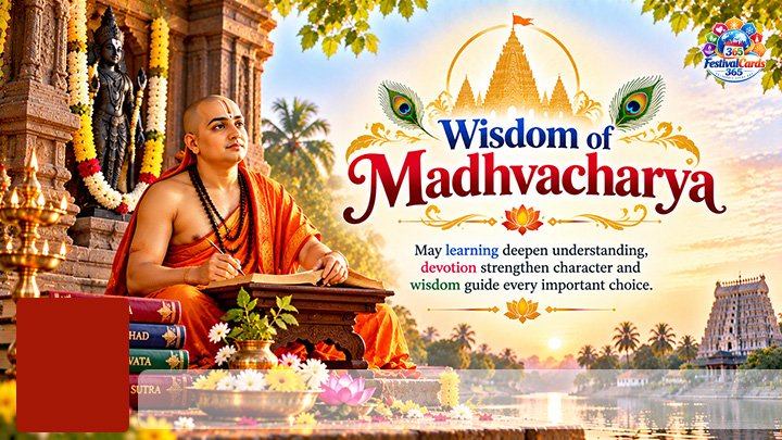 Wisdom of Madhvacharya card with Madhvacharya, sacred books, temple lamps, name and rectangle photo
