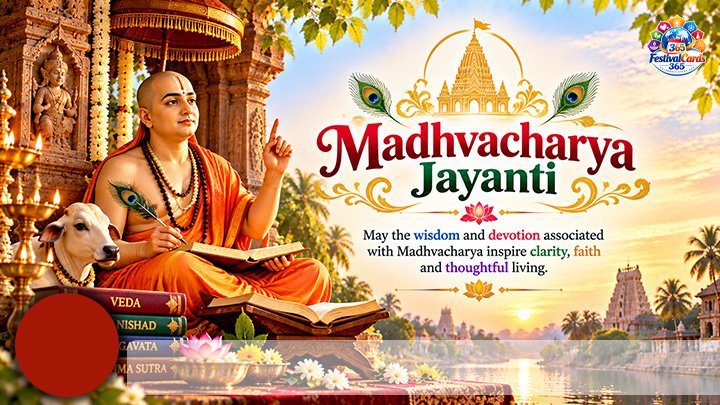 Madhvacharya Jayanti card with Madhvacharya teaching beside sacred books and temple, name and round photo