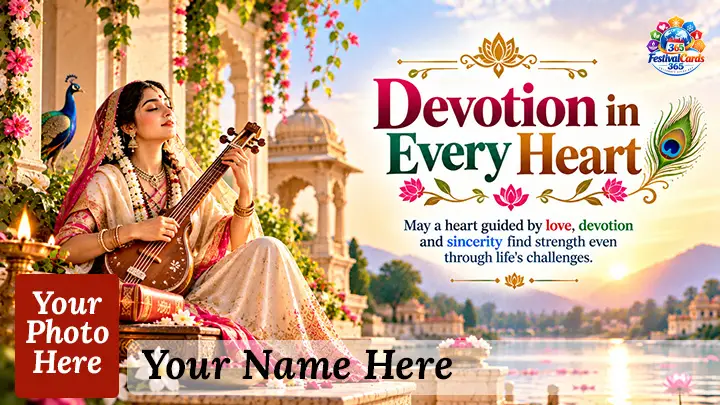 Devotion in Every Heart card with Meera Bai singing, name and rectangle photo