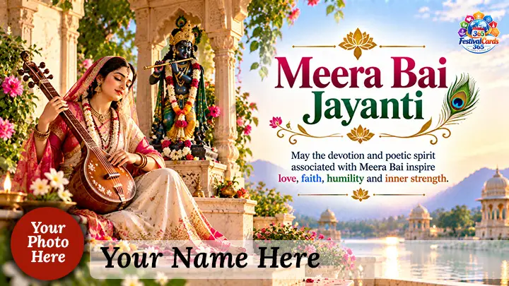 Meera Bai Jayanti wishes card with devotional music, Lord Krishna, name and round photo