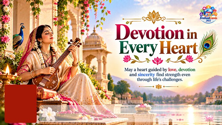 Devotion in Every Heart card with Meera Bai singing, name and rectangle photo