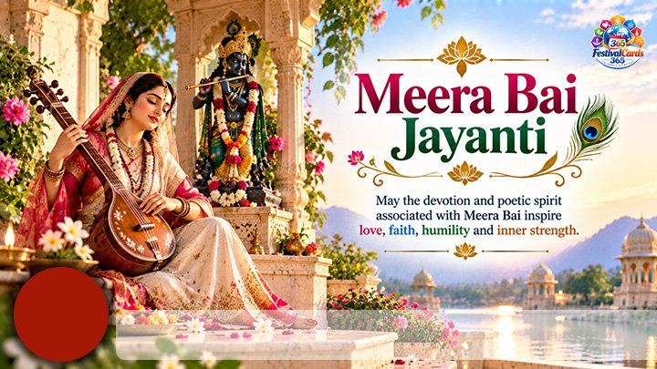 Meera Bai Jayanti wishes card with devotional music, Lord Krishna, name and round photo