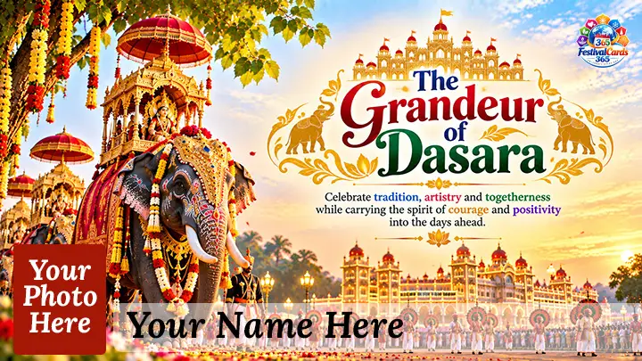 Grandeur of Mysore Dasara card with royal procession, cultural performers, name and rectangle photo