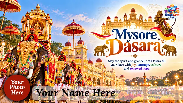 Mysore Dasara wishes card with decorated elephants, palace lights, name and round photo