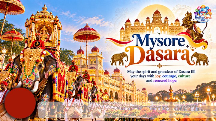 Mysore Dasara wishes card with decorated elephants, palace lights, name and round photo