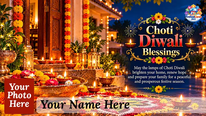 Choti Diwali Blessings card with diyas, flowers, lanterns, rangoli, name and rectangle photo