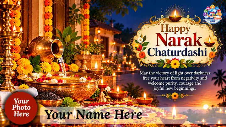 Happy Narak Chaturdashi card with traditional oil bath vessel, lamps, rangoli, name and round photo