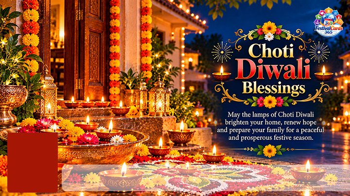 Choti Diwali Blessings card with diyas, flowers, lanterns, rangoli, name and rectangle photo