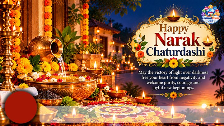 Happy Narak Chaturdashi card with traditional oil bath vessel, lamps, rangoli, name and round photo