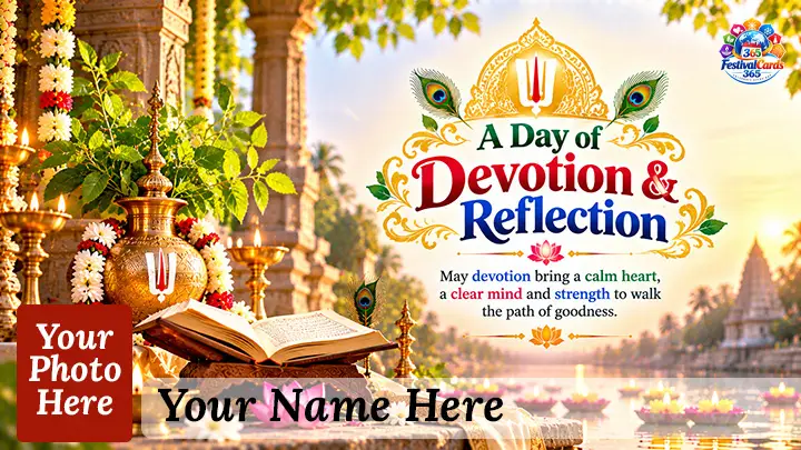 A Day of Devotion and Reflection card with sacred book, temple lamps, name and rectangle photo