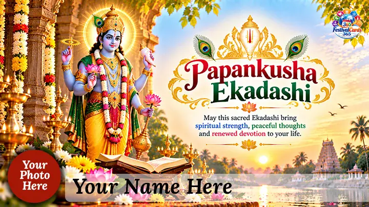 Papankusha Ekadashi card with Lord Vishnu, temple lamps, sacred book, name and round photo