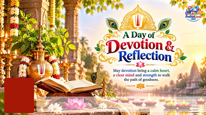 A Day of Devotion and Reflection card with sacred book, temple lamps, name and rectangle photo