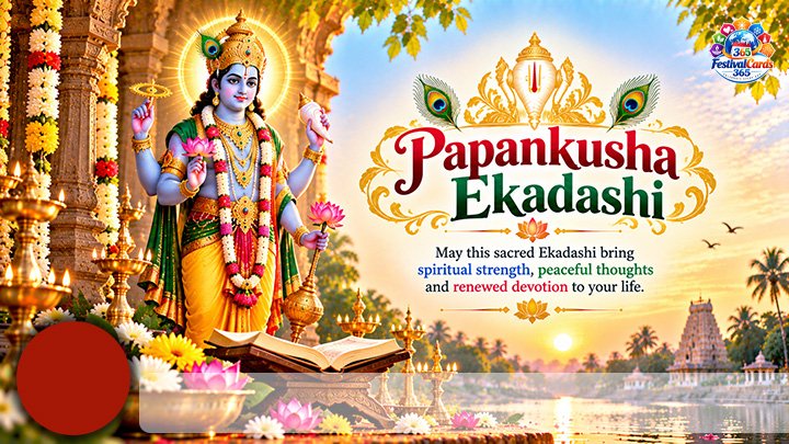 Papankusha Ekadashi card with Lord Vishnu, temple lamps, sacred book, name and round photo