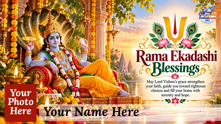 Rama Ekadashi Blessings card with Lord Vishnu, sacred symbols, temple lamps, name and rectangle photo