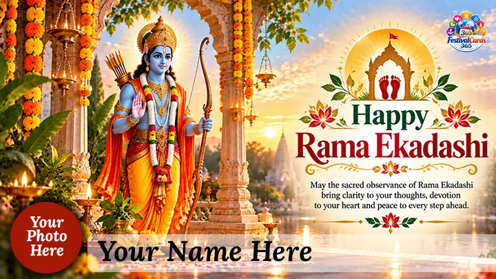 Happy Rama Ekadashi wishes card with Lord Rama, temple decorations, name and round photo