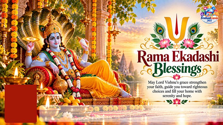Rama Ekadashi Blessings card with Lord Vishnu, sacred symbols, temple lamps, name and rectangle photo