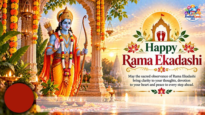 Happy Rama Ekadashi wishes card with Lord Rama, temple decorations, name and round photo