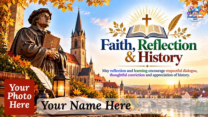 Faith Reflection and History Reformation Day card with statue, church, Bible, name and rectangle photo