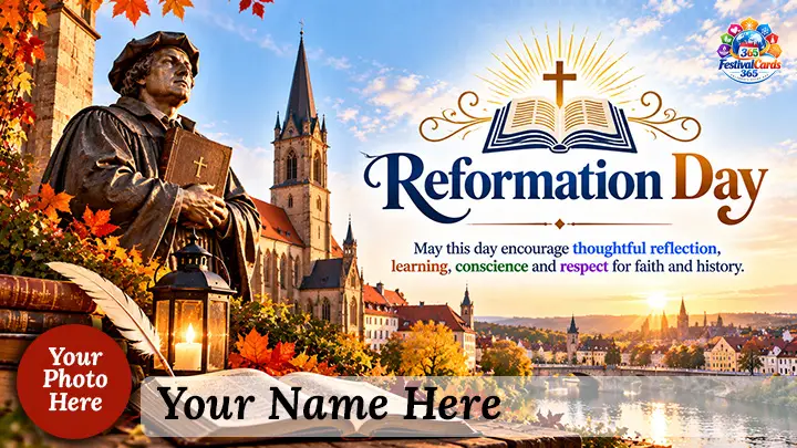 Reformation Day card with Martin Luther statue, church, open Bible, name and round photo