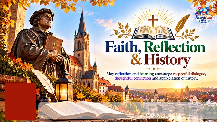 Faith Reflection and History Reformation Day card with statue, church, Bible, name and rectangle photo