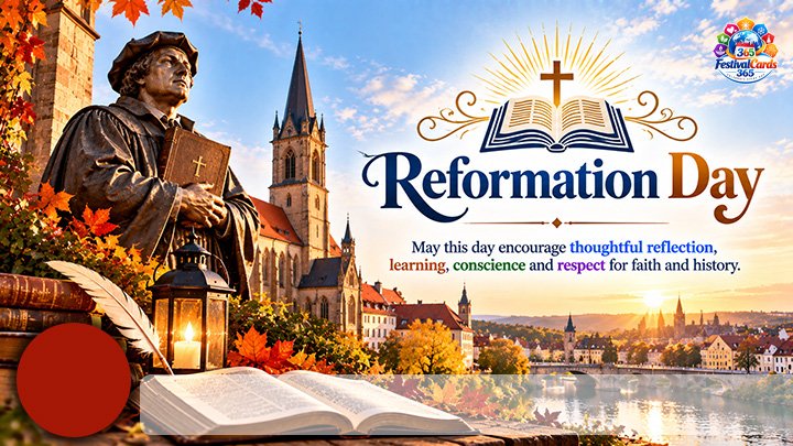Reformation Day card with Martin Luther statue, church, open Bible, name and round photo