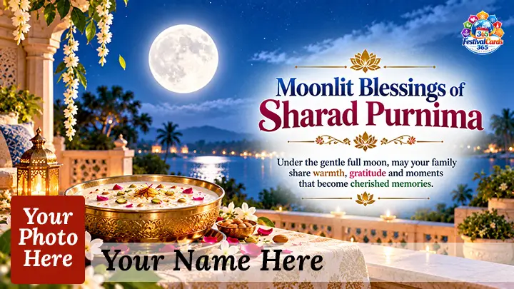 Moonlit Blessings of Sharad Purnima card with full moon celebration, name and rectangle photo
