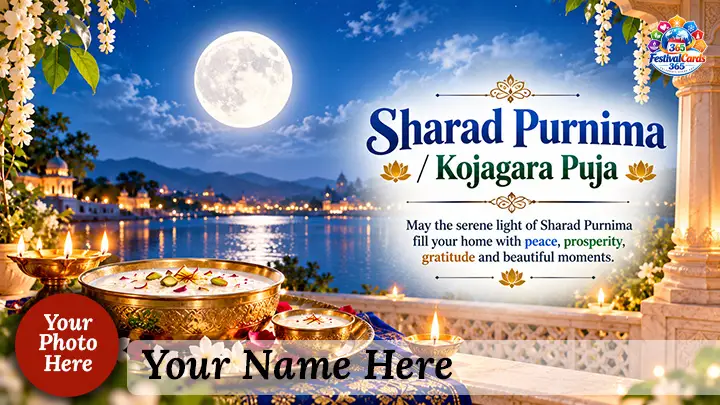 Sharad Purnima Kojagara Puja wishes card with bright full moon, festive family, name and round photo