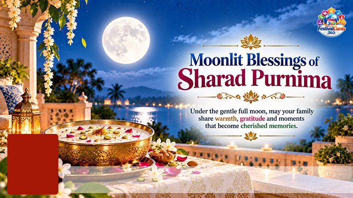Moonlit Blessings of Sharad Purnima card with full moon celebration, name and rectangle photo