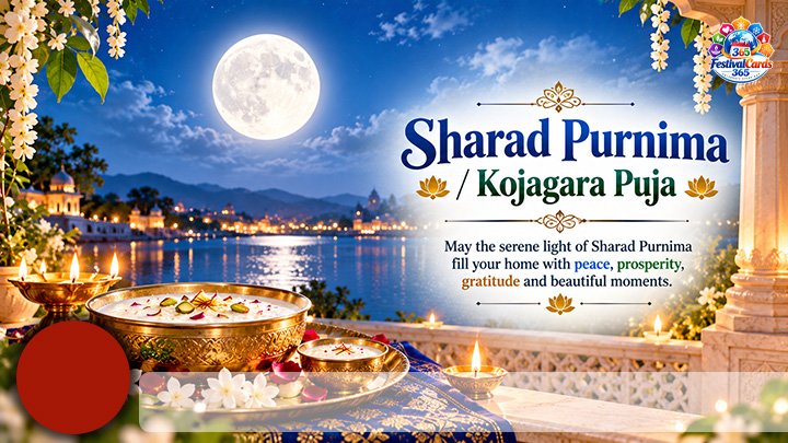 Sharad Purnima Kojagara Puja wishes card with bright full moon, festive family, name and round photo