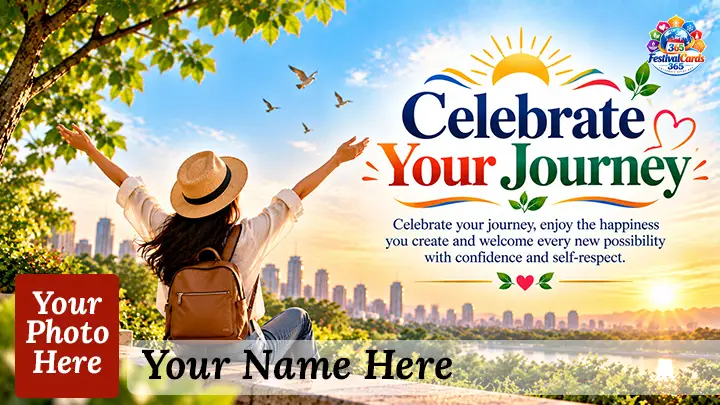 Celebrate Your Journey Singles' Day card with a traveler, birds, sunny city view, name and rectangle photo