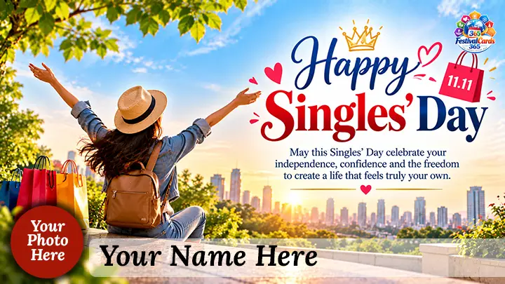 Happy Singles' Day card with an independent traveler, shopping bags, city sunrise, name and round photo