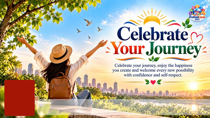 Celebrate Your Journey Singles' Day card with a traveler, birds, sunny city view, name and rectangle photo