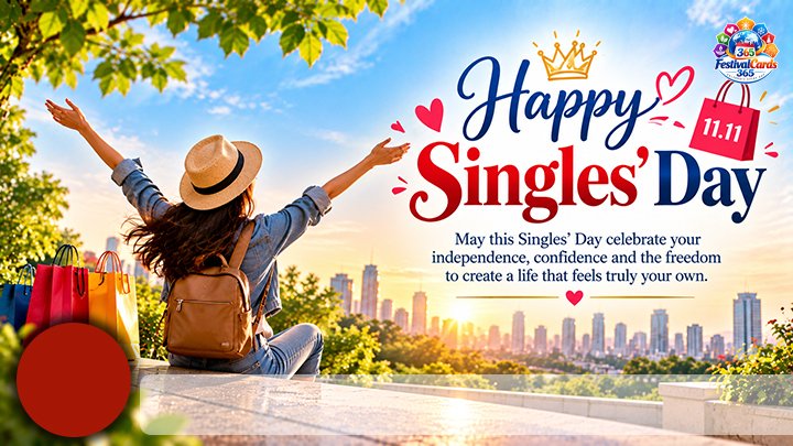Happy Singles' Day card with an independent traveler, shopping bags, city sunrise, name and round photo