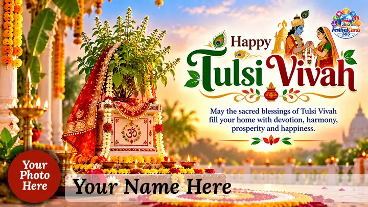 Happy Tulsi Vivah wishes card with decorated Tulsi plant, name and round photo