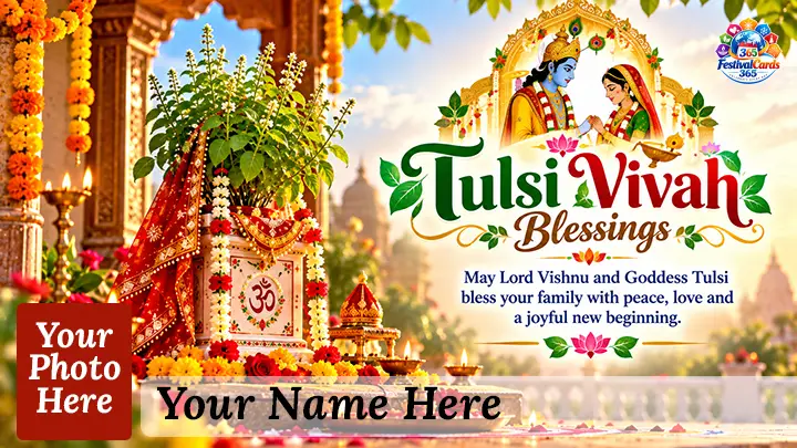 Tulsi Vivah Blessings card with Lord Vishnu, Goddess Tulsi, name and rectangle photo
