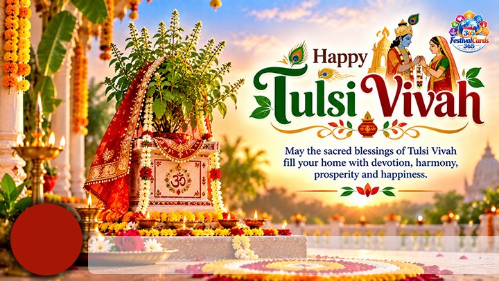 Happy Tulsi Vivah wishes card with decorated Tulsi plant, name and round photo