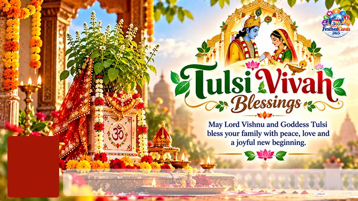 Tulsi Vivah Blessings card with Lord Vishnu, Goddess Tulsi, name and rectangle photo