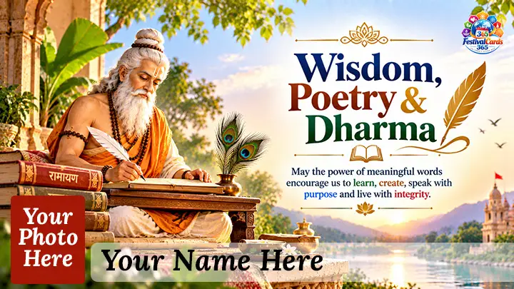 Wisdom Poetry and Dharma card with Maharishi Valmiki, sacred books, name and rectangle photo