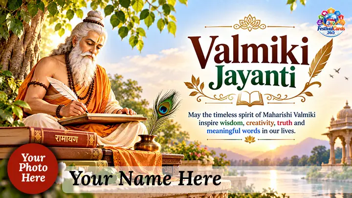 Valmiki Jayanti wishes card with Maharishi Valmiki writing, name and round photo