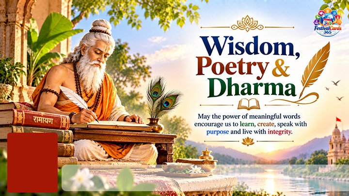 Wisdom Poetry and Dharma card with Maharishi Valmiki, sacred books, name and rectangle photo