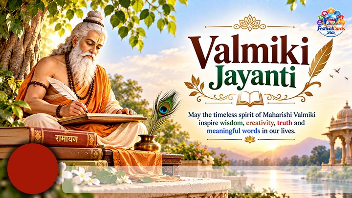 Valmiki Jayanti wishes card with Maharishi Valmiki writing, name and round photo