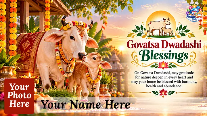 Govatsa Dwadashi Blessings card with a decorated cow and calf, temple courtyard, name and rectangle photo
