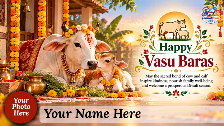 Happy Vasu Baras wishes card with a decorated cow and calf, festive flowers, name and round photo