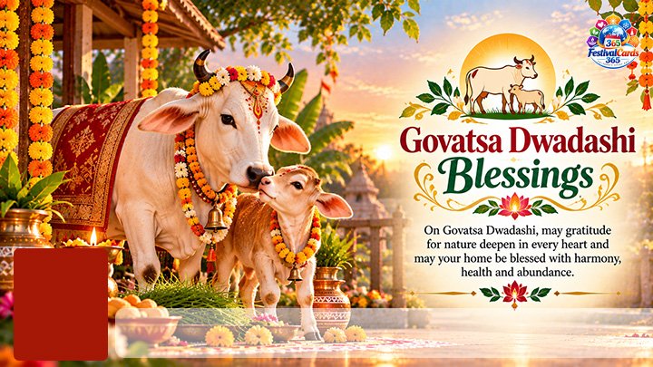 Govatsa Dwadashi Blessings card with a decorated cow and calf, temple courtyard, name and rectangle photo