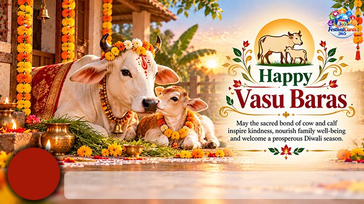 Happy Vasu Baras wishes card with a decorated cow and calf, festive flowers, name and round photo