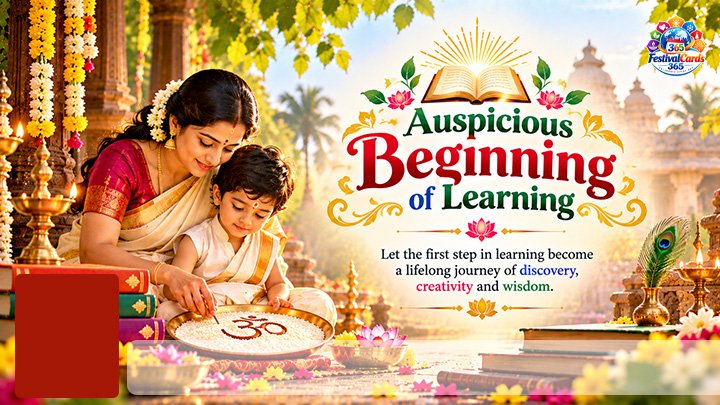 Auspicious Beginning of Learning card with a mother helping a child write, books, name and rectangle photo