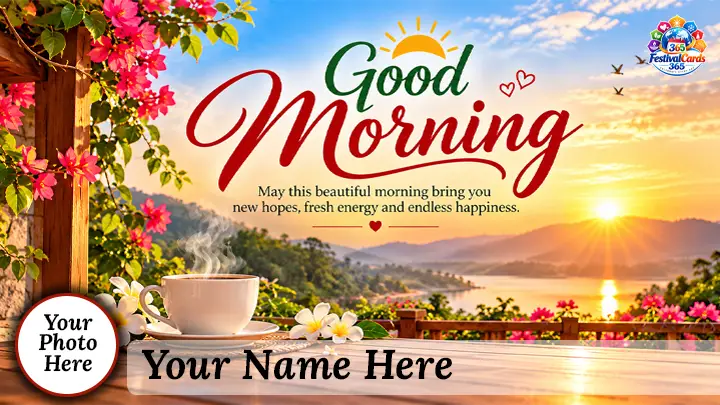 Beautiful Good Morning wishes card with sunrise, flowers, name and round photo