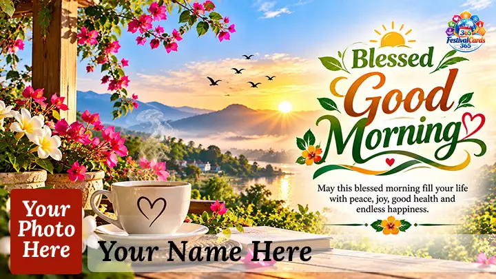 Blessed Good Morning card with flowers and a sunrise
