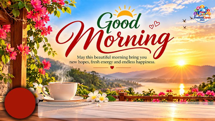 Beautiful Good Morning wishes card with sunrise, flowers, name and round photo