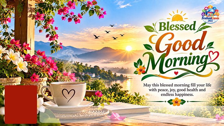 Blessed Good Morning wishes card with flowers, sunrise, name and photo